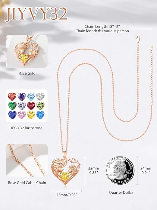 Mother and Daughter/Son Love Heart Necklace White Gold/14K Gold/Rose Gold Birthstone Jewelry Christmas Mothers Day Birthday Gifts For Mom Wife Grandma Women