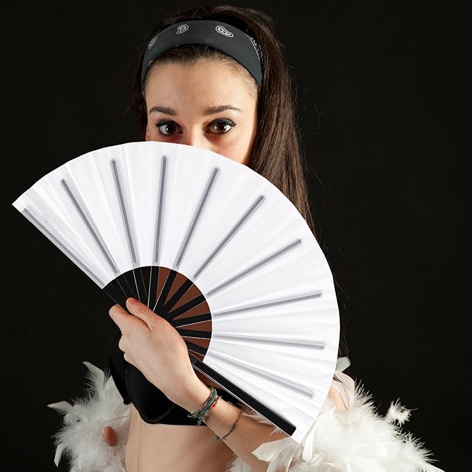 Blulu 4 Pcs 13 Inch Large Folding Hand Fans for Line Dancing Big Clapping Popping Raves Fans Bulk for Dancing Boots on The Ground Festival Party Decoration(Classic Style, White)