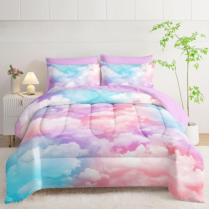 7Pcs Comforter Set Colorful Clouds Printed Bedding Set with 1 Comforter, 1 Flat Sheet, 1 Fitted Sheet and 4 Pillowcases for Boys and Girls Bedroom All Season(Full)