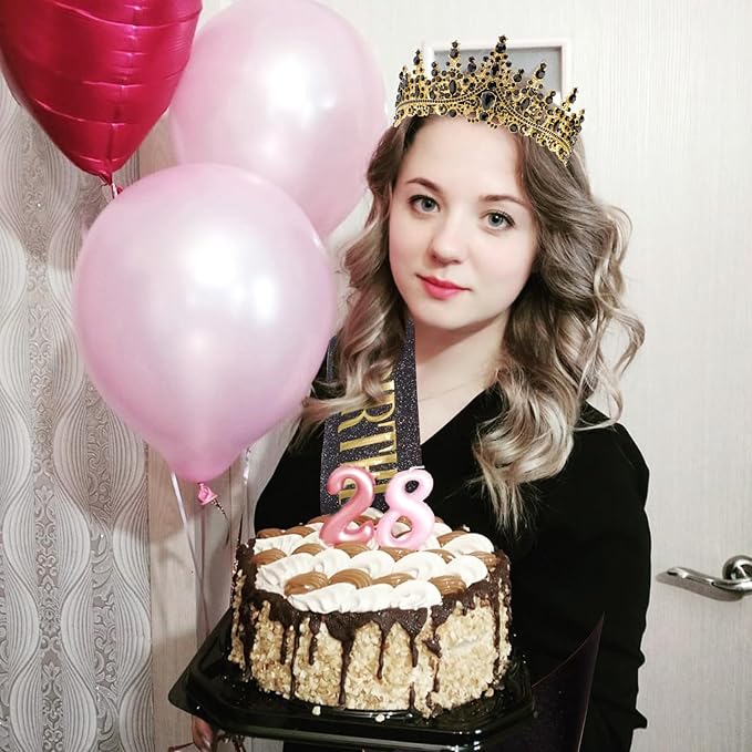 COCIDE Black Birthday Sash and Crown for Women - Crystal Tiaras Decorations for Girl,Glitter Rhinestone Gifts Headband Sashes Decor,Coronas for Queen,Happy Birthday Accessories Party Favors