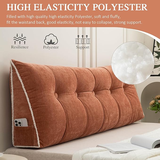 Headboard Pillow Twin, Chenille Triangular Wedge Pillow Headboard Twin Size, Reading Setting Backrest Daybed Pillows for Bed Sofa with Removable Coverr, Orange