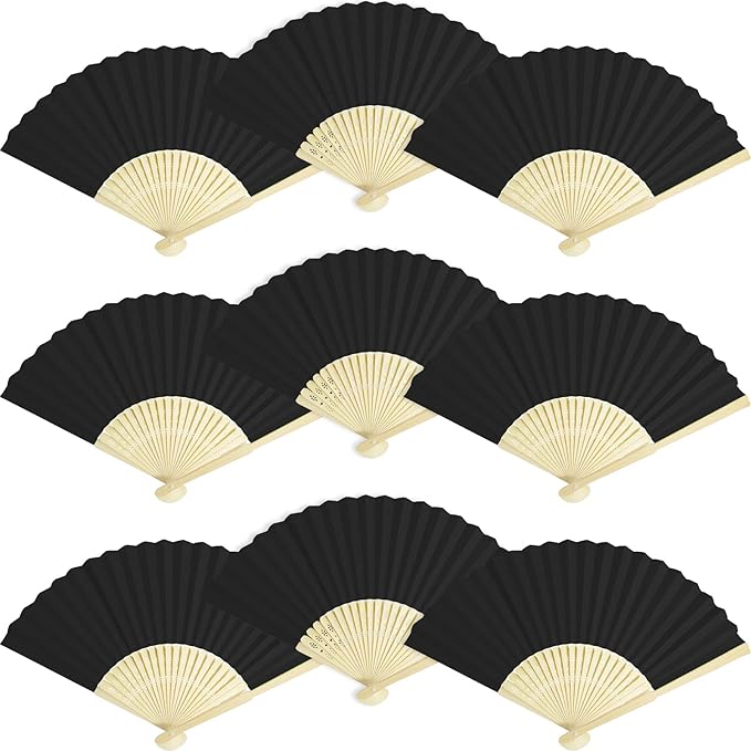 50 Pieces Paper Fans Paper Hand Fan Bamboo Folding Fan Handheld Fan Paper Folded Fan Paper Fan for Wedding Party and Home Decoration (Black)