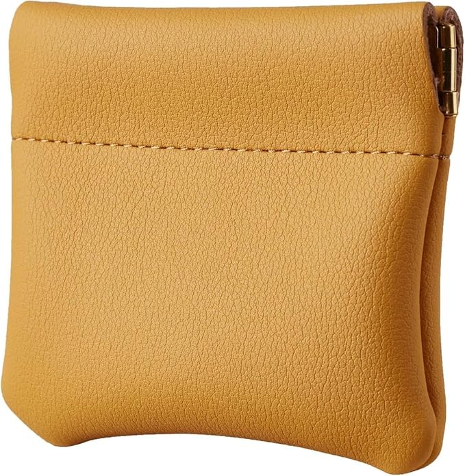 Squeeze Coin Purse Genuine Leather Wallet Compact Change Holder Travel Pouch for Women Gift Box (Yellow)