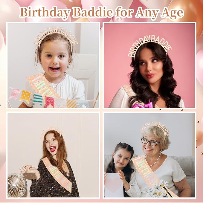 Canitor Birthday Baddie Sash Crown Set Birthday Party Favors Supplies Decorations & Accessories for Women Girl Men Adult Rhinestone Tiara Headband Soft Satin Sash