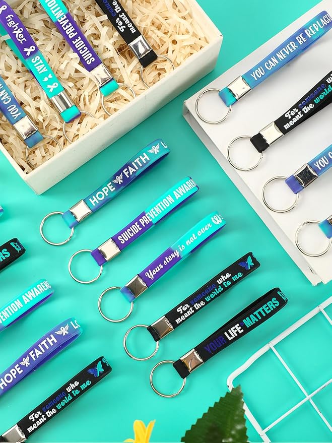 36pcs Suicide Prevention Awareness Silicone Keychains Purple Teal Ribbon Inspirational Rubber Keychains for Suicide Prevention Awareness Motivational Favor Charity Campaign Supplies