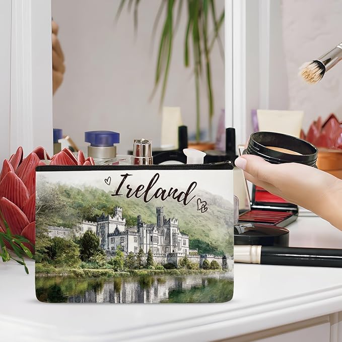 Kylemore Abbey Ireland Makeup Bag Gifts – Ireland Travel Essentials Watercolor Cosmetic Bag, Irish Gifts for Women Girls, Zipper Toiletry Pouch, Irish Souvenir Organizer Waterproof Linen