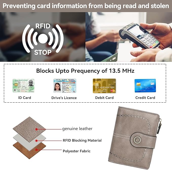 Women's Small Genuine Leather Bifold Wallet Large Capacity RFID Blocking with 16 Card Slots 2 ID Windows and Zipper Coin Pocket Pink (Grey)