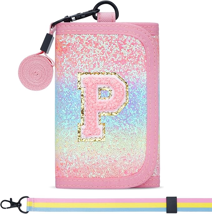 Christmas Gifts for Girls 3 4 5 6 7 8 9 10 11 12 Years Old Kids Wallet Cute Initial Coin Purse Toddler Wallet with Magic Sticker (Shiny Rainbow, P)