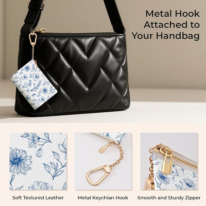 Blue Flower Keychain Coin Purse for Women, Abstract Small PU Leather Change Pouch, Zipper Little Tiny Travel Wallet for Girls, Cute Kawaii Zip Pocket Coin Holder with Key Ring