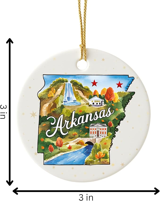 USA State Landmark Ceramic Ornament – Round Glossy Christmas Decoration Featuring U.S. State Art, Landmarks & Holiday Scenery – Collectible Travel Souvenir Ornament Series (Arkansas)