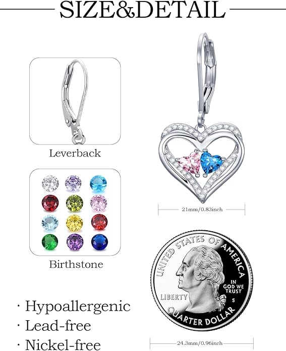 Heart Leverback Earrings Double Birthstone Dangle Earrings for Women, Love Jewelry for Her, Christmas Gifts for Women, Anniversary Birthday Gift for Mom Wife Girlfriend