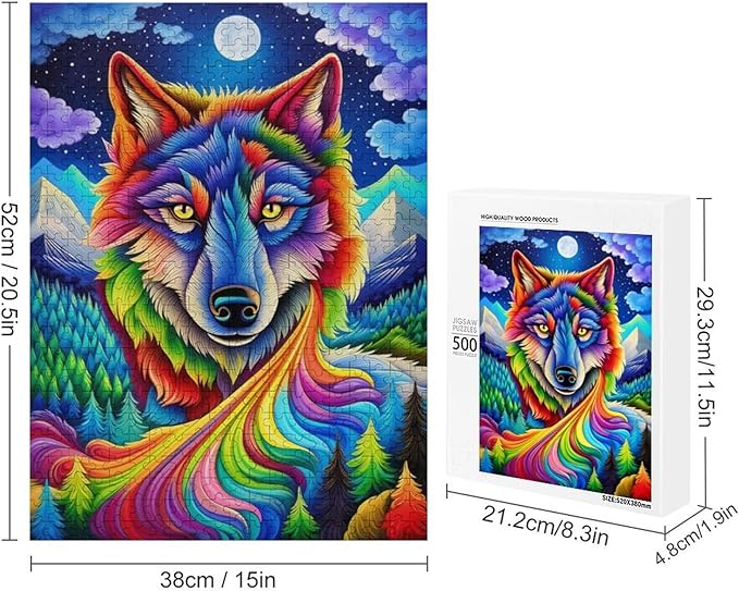 Wooden Puzzle - Colorful Wolf Jigsaw Puzzles，Wooden Puzzles for Adults 500 Pieces Challenge Puzzles，Educational Games，Family Puzzles，Unique Gifts for Wall Art,Funnny Puzzles