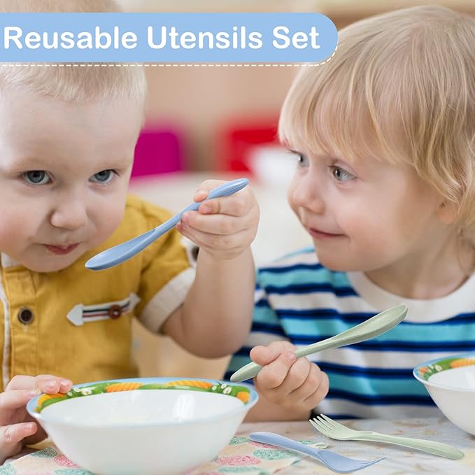 Yahenda 28 Sets Reusable Travel Utensils Set with Case Wheat Straw Cutlery Portable Spoon Knife Forks Plastic Tableware Lunch Box Accessories Bulk for Adult Travel Picnic Camping Utensil(Pastel Color)