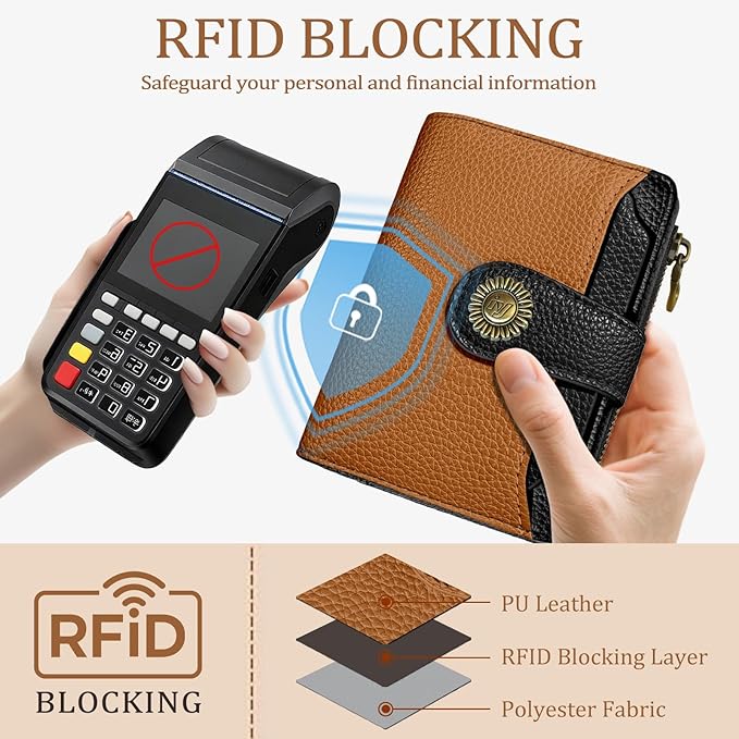 Small Wallet Women RFID Blocking Bifold, Credit Card Holder, Zipper Coin Pocket, PU Leather, Compact, Travel, 4 ID Window, 14 Card Slots, Cash Purse, Ladies Woman Female Girls