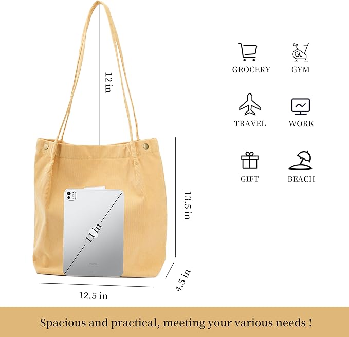 Corduroy Tote Bag Cute Tote Bags for Women Shoulder Bag with Inner Pocket for Work Beach Travel and Shopping Grocery