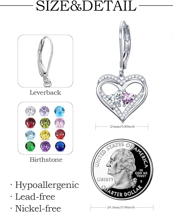 Heart Leverback Earrings Double Birthstone Dangle Earrings for Women, Love Jewelry for Her, Christmas Gifts for Women, Anniversary Birthday Gift for Mom Wife Girlfriend