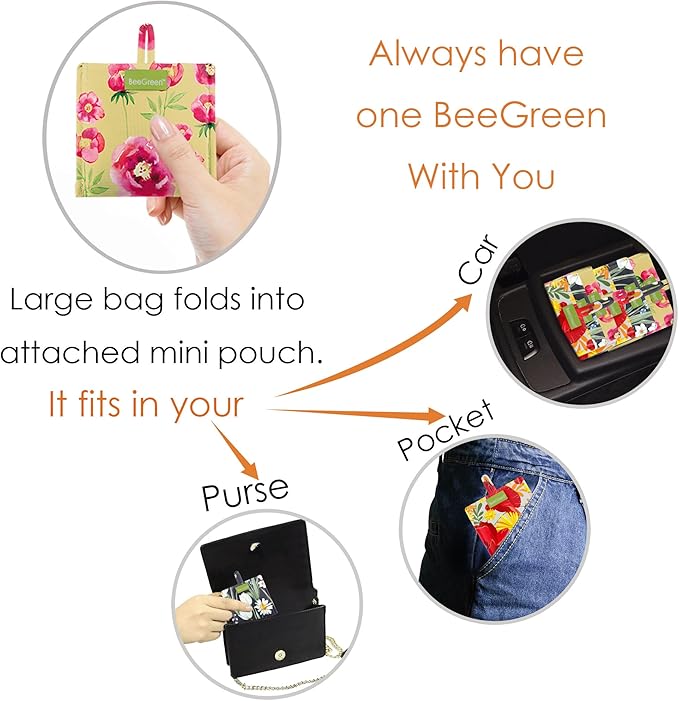 BeeGreen Flowers Reusable Grocery Bags Reusable Kitchen Bags Bulk Foldable-Machine Washable with Zipper Storage Pouch 6 Packs