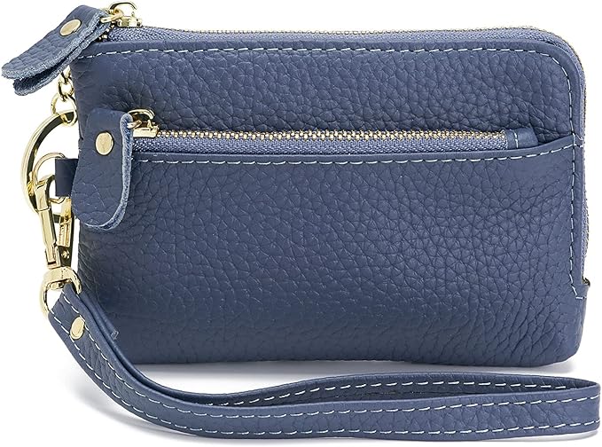 Genuine Leather Coin Purse for Women with Large Opening & Wrist Strap Navy (Navy)