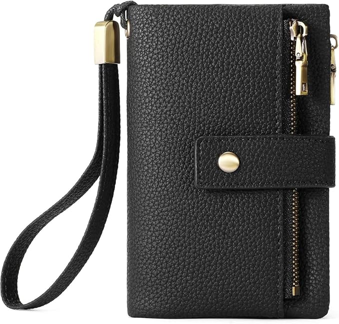 Practical Genuine Leather Wristlet Wallet for Women with Double Zipper Coin Purse and Card Organization (Black)