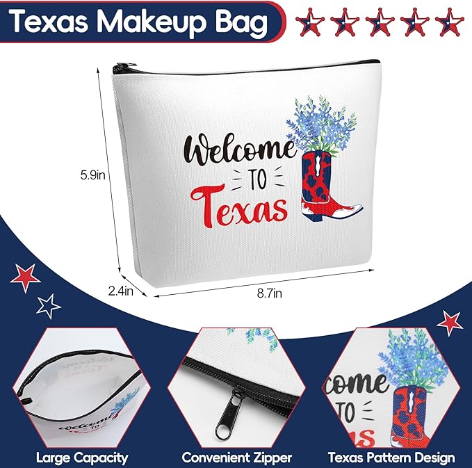 12 Pcs Texas Souvenirs Gifts Novelty Cosmetic Makeup Bag Gift Red White Blue Zipper Pouch Bag Texas State Independence Day Gifts for Women Home Birthday Party Favors