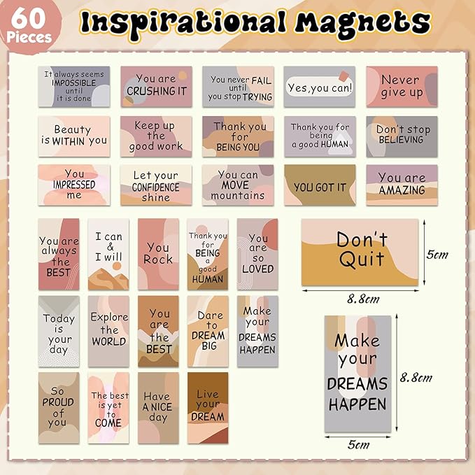 Xuhal 60 Pcs Inspirational Magnets Bulk Rectangle Positive Affirmation Magnets Decals Decorative Inspiring Fridge Magnetic Stickers for Adults Team Motivational Gifts (Light,Boho)
