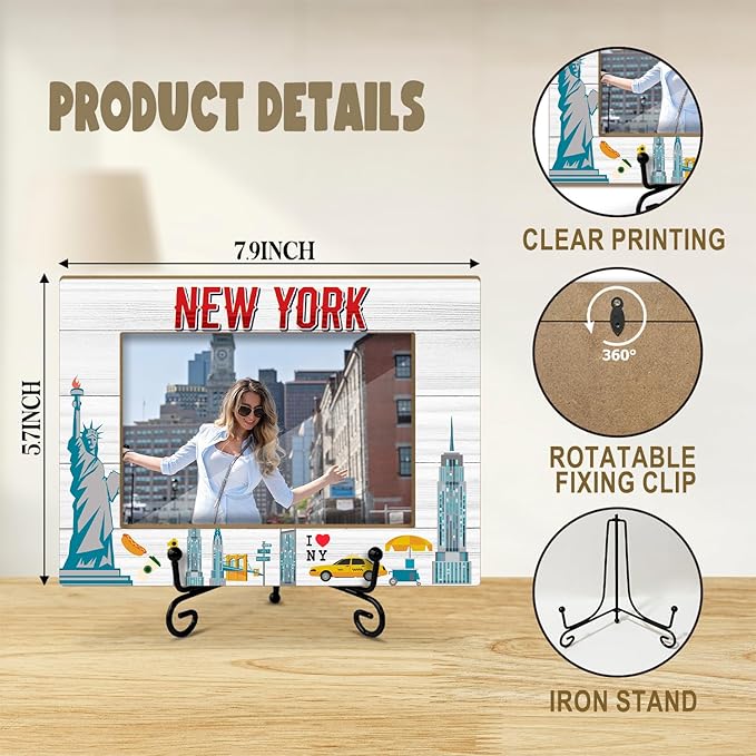 Lesixur New York 4x6 Photo Frame, Gifts for Wedding Honeymoon Vacation, New York Souvenirs for Friends Family, Wooden Picture Frame with Iron Stand for Tabletop Desktop Display, Home Table Decor -046