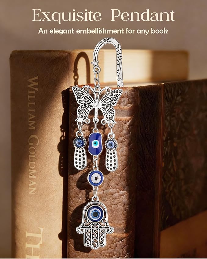 Buleens Bookmarks for Women Reading - Book Marks for Readers Book Lovers, Cute Sliver Butterfly Blue Eye Personalized Metal Bookmark with Pendants, Pretty and Aesthetic Book Accessories Reading Gifts