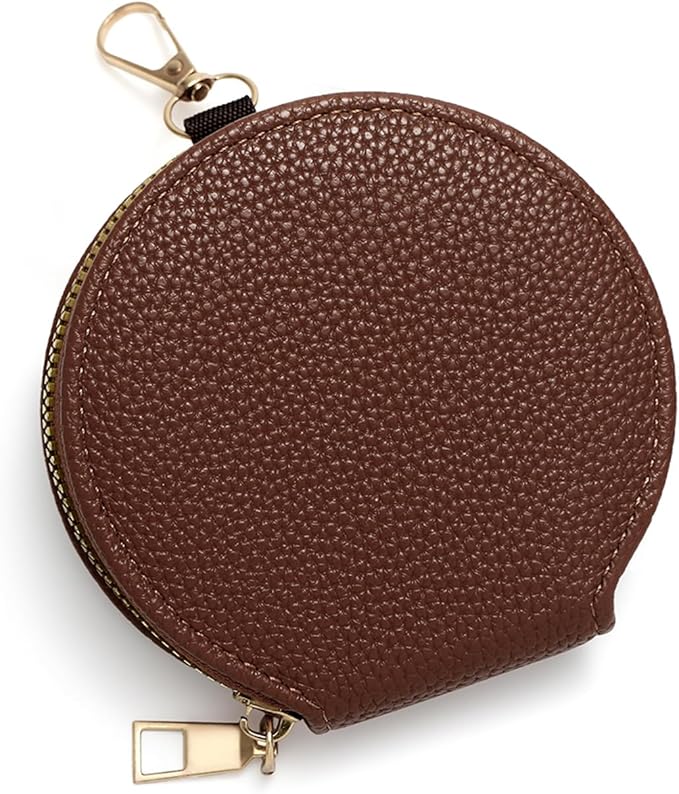 Women’s Small Coin Purse, Vintage Zipper Change Purse, Pocket-Sized, Solid Color, Round Coin Bag with Keychain - Brown