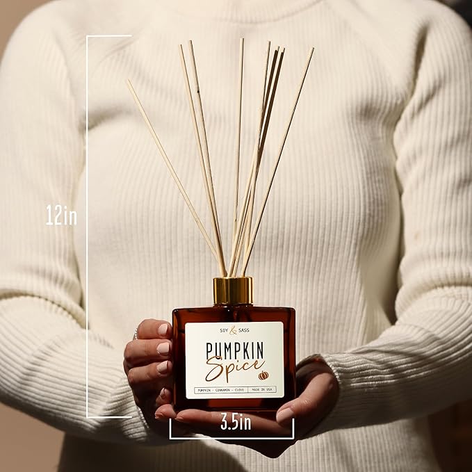 Pumpkin Spice Reed Diffuser, Fall Reed Diffuser Set - Infused w/Essential Oils I Pumpkin Diffuser I Stick Oil Reed Diffusers for Home, 5.75 OZ, Scent Lasts 4-6 Month's, Made in The USA