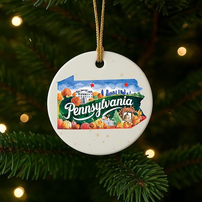USA State Landmark Ceramic Ornament – Round Glossy Christmas Decoration Featuring U.S. State Art, Landmarks & Holiday Scenery – Collectible Travel Souvenir Ornament Series (Pennsylvania)