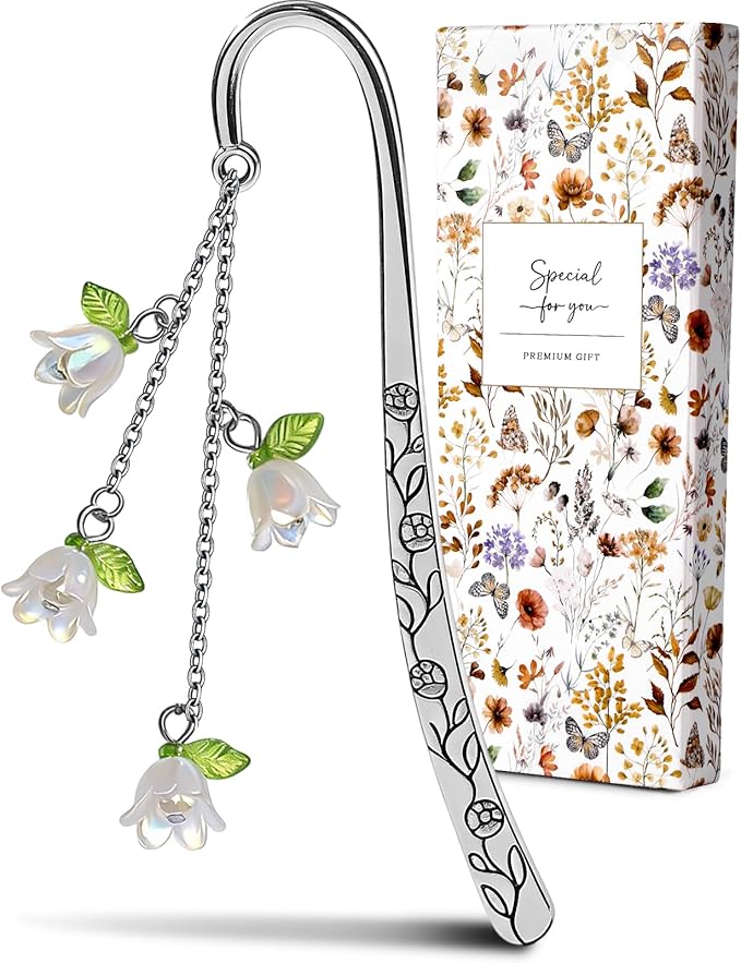 Buleens Bookmarks for Women Reading - Book Marks for Readers Book Lovers, Cute Sliver Lily Floral Personalized Metal Bookmark with Pendants, Pretty and Aesthetic Book Accessories Reading Gifts