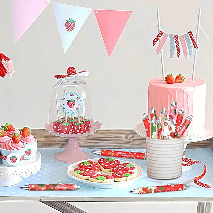 Idealmuzik Strawberry Theme Ballpoint Pens Set of 8 – Cute Strawberry Pattern Design with Smooth Black Ink – Aesthetic Writing Pens for Office, Home, Party Favors, and Gifts