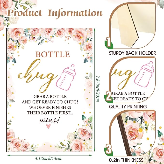 TrelaCo Floral Cool Baby Shower Games Bottle Chug Sign Wooden Floral Gift Sets Gender Reveal Party Favors and 12 Pcs Baby Bottle Shower Supplies for Games Gender Reveal