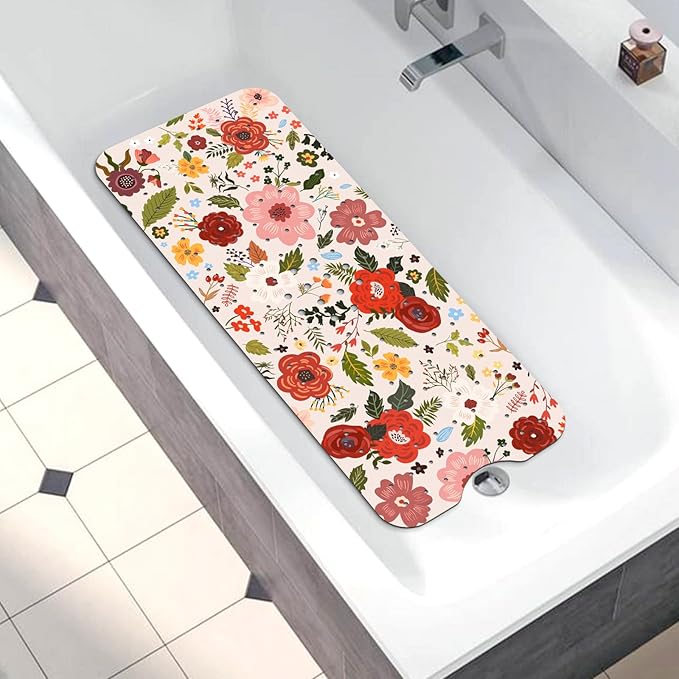 Bathtub Mat Non Slip, Bohemia Extra Long Bath tub Mat Shower Floor Mat with Suction Cups and Drain Holes for Adults Kids Elderly 40 X 16 Inch