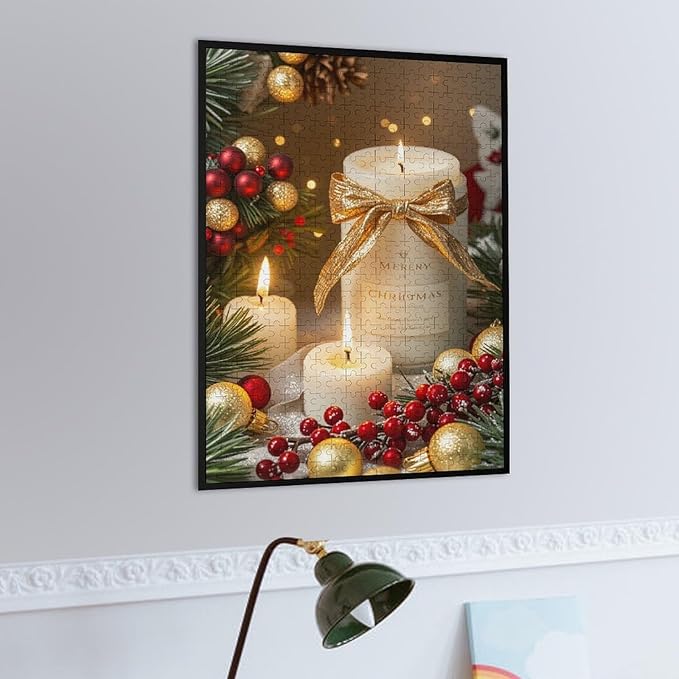 Wooden Puzzles 500 Piece，Christmas Atmosphere Candle Light, Merry Christmas Themed Jigsaw Puzzles，Funny Puzzles，Stress Relief Games，Puzzle Games Challenge Puzzles
