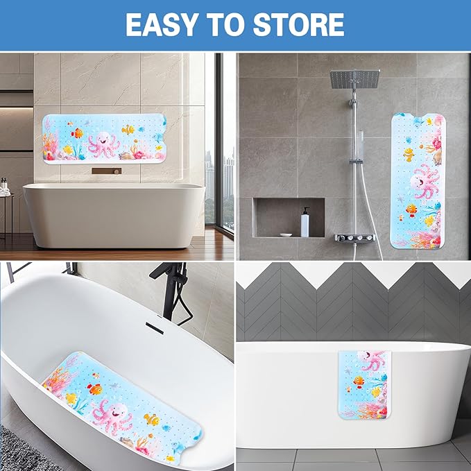 Kids Bath Mat with Ocean Theme Design, 40x16 inches, Non-Slip with 200 Suction Cups, Cartoon Sea Animals Pattern (Octopus, 40 * 16in)