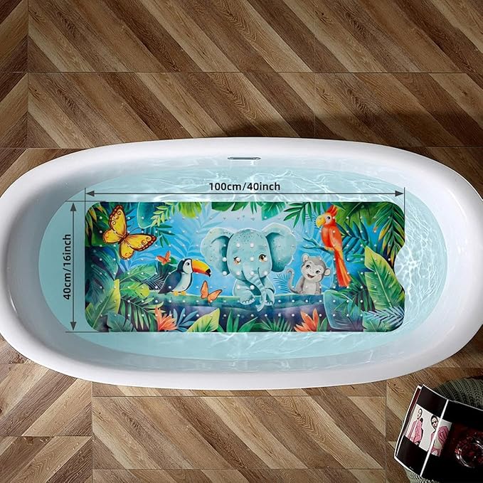 Reetual Cartoon Baby Bath Mat – Non Slip Kids Bathtub Mat for Toddlers, 40" x 16", Suction Cups & Drain Holes, Machine Washable (Jungle)