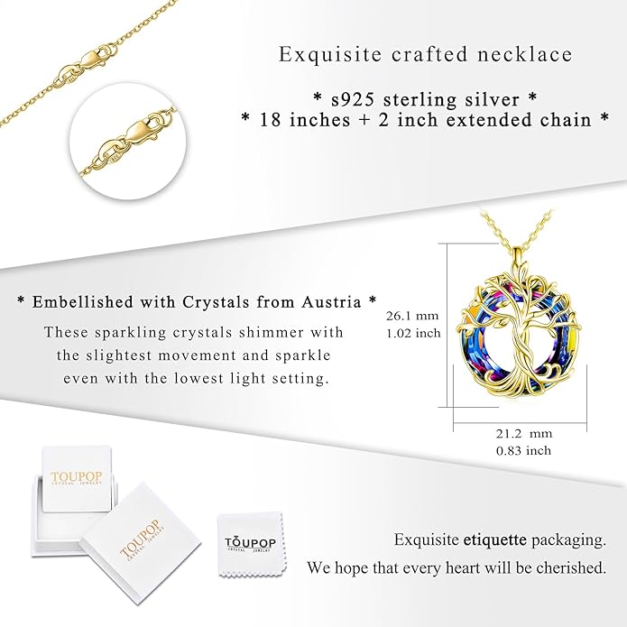 TOUPOP Tree of Life Necklace 925 Sterling Silver Family Tree Pendant Austrian Crystal Jewelry Valentines Day Birthday Gifts for Women Mom Wife Her