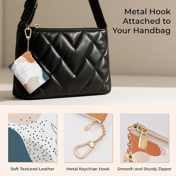 Boho Leaves Abstract Keychain Coin Purse for Women, Small PU Leather Change Pouch, Zipper Little Tiny Travel Wallet for Girls, Cute Kawaii Zip Pocket Coin Holder with Key Ring