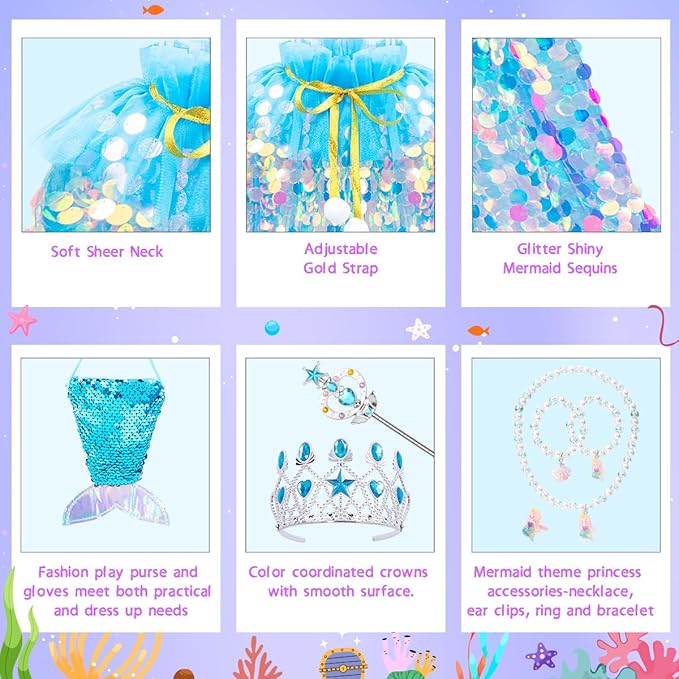 Meland Princess Dress Up for Girls 3-8, 11Pcs Mermaid Cape with Crown, Dress Up Clothes Birthday Gift Toys for Girls Toddlers