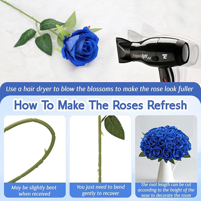 Roses Artificial Flowers, Fake Velvet Silk Roses with Stems for Indoor Outdoor Decor, Realistic Roses in Bulk for Wedding Centerpiece Party, Valentines Birthday (24,Blue)
