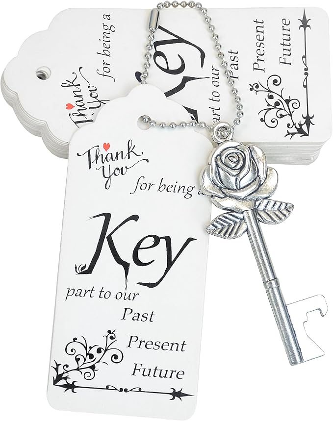 Aokbean Bulk 100 PCS Rose Flower Shaped Keys Wedding Favors Gift for Guest Bulk Skeleton Key Bottle Opener with Card and Chain for Rustic Party Bridal Showers Decorations (Silver)