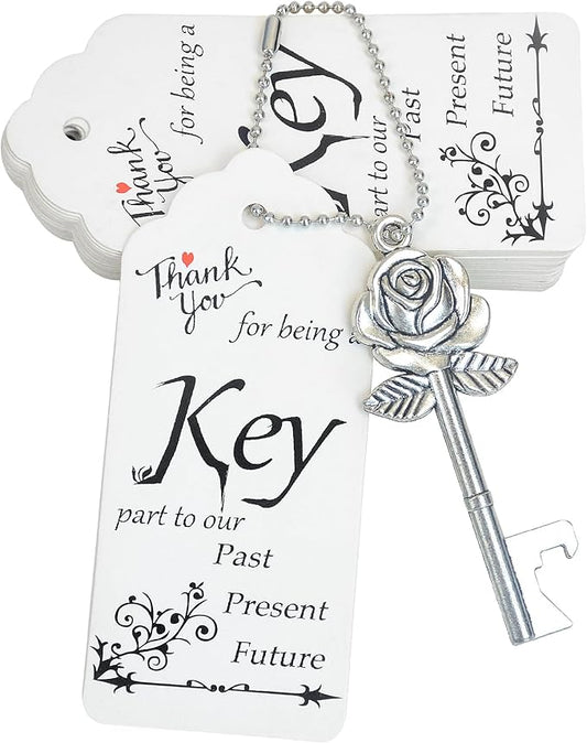 Aokbean Bulk 100 PCS Rose Flower Shaped Keys Wedding Favors Gift for Guest Bulk Skeleton Key Bottle Opener with Card and Chain for Rustic Party Bridal Showers Decorations (Silver)