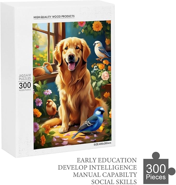 Wooden Puzzle - Garden Golden Retriever Jigsaw Puzzles，Wooden Puzzles for Adults 300 Pieces Challenge Puzzles，Educational Games，Family Puzzles，Unique Gifts for Wall Art