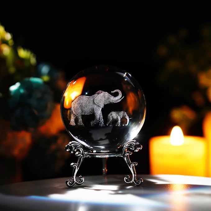 ZEERSHEE 60mm 3D Glass Laser Engraved Mother Son Elephants Crystal Ball with Stand Decorative Sphere Elephant Gifts for Women