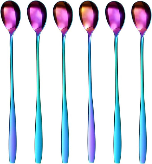 GRÄWE Long Handle Iced Tea Spoon, Coffee Spoon, Ice Cream Spoon, Spoons for desserts, Stainless Steel, Cocktail Stirring Spoons, Set of 6, Dishwasher Safe, Rainbow