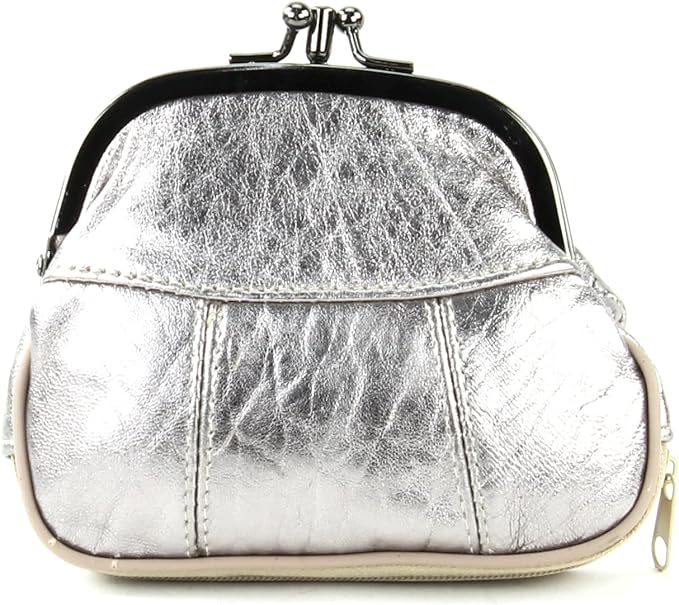 Leather Impressions Double Coin Purse for Women - Genuine Leather Coin Purse with Twist Clasp, 1 zipper pocket, 1 pack lightweight - Timeless clean stitched Small Coin Purse (Silver)…