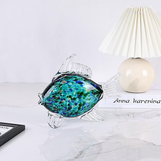 Large Glass Fish Figurine for Home Decor, Hand Blown Art Glass Ocean Animal Statue, Decorative Coastal and Beach Themed Sculpture for Table, Shelf, Bathroom, Living Room or Office