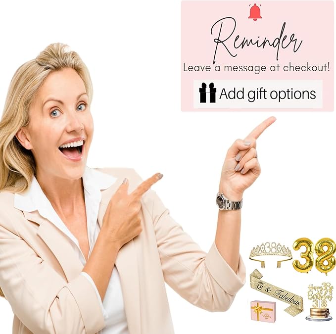 38th Birthday Decorations for Women Gold with 38th Birthday Sash and Tiara, Cake Topper and Candles, Number Balloons, 38 Year Old Gifts for Women