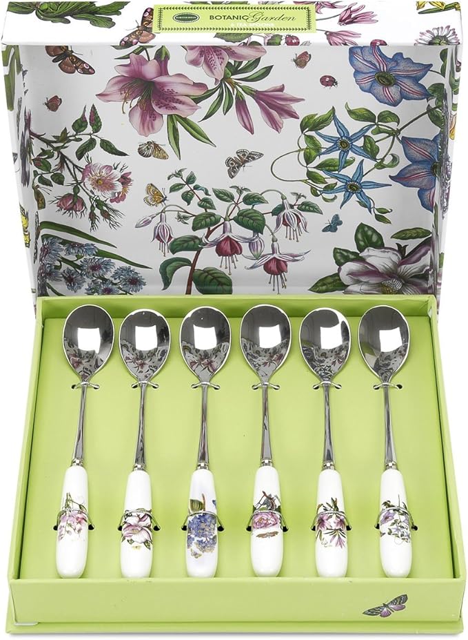 Portmeirion Botanic Garden 6" Teaspoons (Set of 6) - Assorted Floral Motifs, Stainless Steel & Porcelain Handles - Elegant Tableware for Morning Coffee & Afternoon Tea - Everyday Serveware Set